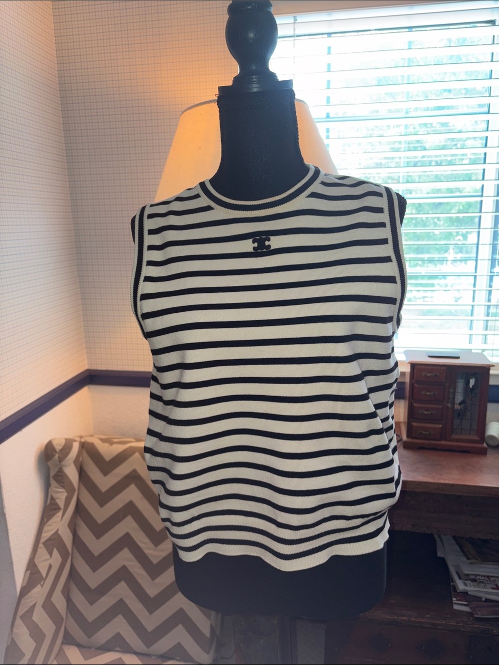 Celine Black & White Striped Sleeveless Knit Tank